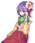  1girl asuzemu bangs blunt_bangs bow cowboy_shot floral_print flower frilled_sleeves frills hair_bow hair_flower hair_ornament hieda_no_akyuu highres japanese_clothes kimono layered_clothing layered_kimono looking_at_viewer purple_hair red_bow red_skirt simple_background skirt smile solo tassel touhou violet_eyes white_background wide_sleeves 