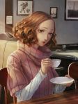  1girl absurdres bangs brown_eyes brown_hair chair cup highres namako_mikan okumura_haru parted_bangs persona persona_5 picture_frame ribbed_sweater saucer short_hair sitting solo sweater table teacup 