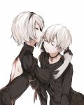  1boy 1girl breasts choker closed_eyes collarbone couple crying dress eyelashes feather-trimmed_sleeves gloves hair_between_eyes happy_tears hetero highres incipient_kiss juliet_sleeves large_breasts lips long_sleeves nier_(series) nier_automata open-back_dress pale_skin puffy_sleeves shii_(luochen_xi) short_hair simple_background smile tears white_background yorha_no._2_type_b yorha_no._9_type_s 