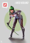  1girl adapted_costume armor bent_over bodysuit breasts circle cleavage commentary cyborg english full_body genderswap genderswap_(mtf) genji_(overwatch) green_eyes green_hair grey_background helmet holding holding_sword holding_weapon katana large_breasts leaning_forward long_hair looking_at_viewer open_mouth overwatch ponytail power_armor raphire red_lips shadow signature simple_background solo speech_bubble sword weapon 