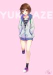  1girl alternate_costume blush brown_eyes brown_hair casual character_name full_body hands_in_pockets highres jacket kantai_collection pecco_chan pink_background short_hair signature solo standing standing_on_one_leg yukikaze_(kantai_collection) 