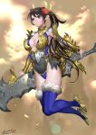  1girl 2017 ariverkao armor armpits bangs black_hair blue_eyes blue_legwear blue_leotard breastplate breasts center_opening cleavage closed_mouth clouds cloudy_sky dated floating flower from_side frown full_body fur_trim gorget hair_flower hair_ornament halterneck high_heels high_ponytail highleg highleg_leotard holding holding_sword holding_weapon huge_weapon large_breasts legs_together lens_flare leotard long_hair looking_to_the_side mole mole_under_mouth original outdoors pauldrons pointy_ears ponytail red_flower serious showgirl_skirt signature sky solo straight_hair sunlight sword thigh-highs turtleneck vambraces very_long_hair weapon 