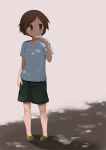  1girl black_shorts blue_shirt blush brown_eyes brown_hair eating food hasegawa_fumi highres holding holding_food looking_away okayparium popsicle popsicle_stick shirt short_sleeves shorts solo yuyushiki 