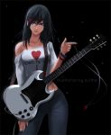  1girl artist_name black_background black_hair blue_eyes collarbone contrapposto directional_arrow electric_guitar guitar hair_ornament hairclip heart highres instrument ku1ths midriff necklace_removed off-shoulder_shirt original shirt solo 