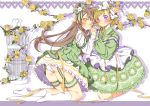  2girls bird_hair_ornament birdcage blush bow brown_hair cage chin_strap collared_dress dress flower frilled_dress frills garter_straps green_bow hair_bow hair_ornament hand_holding hand_in_another&#039;s_hair interlocked_fingers kneeling koizumi_hanayo kumamomoko lace-trimmed_collar lace_trim leg_garter lolita_fashion long_hair long_sleeves looking_at_viewer love_live! love_live!_school_idol_project minami_kotori multiple_girls no_shoes panties plant ribbon rose short_hair sitting underwear vines violet_eyes white_bow white_legwear white_panties yellow_eyes yellow_ribbon yellow_rose 