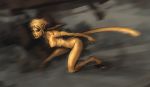  1girl artist_name barefoot blonde_hair cat_tail cheetah_(dc) darren_geers dc_comics facial_mark monster_girl motion_blur red_eyes running solo tail teeth wonder_woman_(series) yellow_skin 