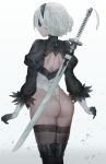  1girl android ass back back_cutout black_dress black_hairband blindfold boots dress feather-trimmed_sleeves from_behind gloves hairband highres katana leotard long_sleeves nier_(series) nier_automata solo sword thigh-highs thigh_boots thighhighs_under_boots thong_leotard weapon white_background white_hair white_leotard yohan1754 yorha_no._2_type_b 