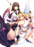  3girls angel angel_wings black_hair blonde_hair breasts brown_eyes chestnut_mouth cleavage daiaru demon_girl green_eyes highres japanese_clothes kill_time_communication large_breasts long_hair miko multiple_girls original red_eyes shield simple_background sword thigh-highs thighlet weapon white_hair wings 