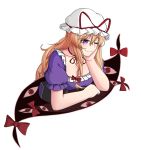  1girl arm_rest aura bangs blonde_hair bow breasts choker cleavage corset dress eyebrows_visible_through_hair eyes gap hair_between_eyes hair_bow hand_on_own_face hat hat_ribbon highres large_breasts long_hair looking_down mob_cap one_eye_closed outline ozu_(agito100001) puffy_short_sleeves puffy_sleeves purple_dress red_eyes ribbon ribbon_choker short_sleeves sidelocks simple_background smile solo touhou very_long_hair violet_eyes white_background yakumo_yukari 