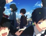  2boys 6+girls arms_behind_back backpack bag bangs black_hair blonde_hair blue_eyes blue_skirt blue_sky blurry blush brown_hair cardigan closed_eyes clouds cloudy_sky day depth_of_field eyebrows_visible_through_hair from_side hair_over_one_eye highres hug letter looking_at_viewer looking_back love_letter multiple_boys multiple_girls neckerchief no_eyes ogipote open_mouth original out_of_frame outdoors profile red_neckerchief school_uniform serafuku short_hair skirt sky sleeves_past_wrists smile smock solo_focus violet_eyes wavy_hair 