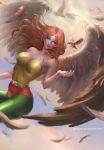  1girl artist_name bird bodysuit breasts chubymi cleavage clouds curly_hair dc_comics feathered_wings flying green_eyes hawkgirl highres justice_league long_hair orange_hair sky solo watermark web_address wings 