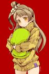  1girl bangs beige_sweater brown_hair cowboy_shot cushion dated light_blush long_hair long_sleeves love_live! love_live!_school_idol_project minami_kotori mota no_pants one_side_up pillow pillow_hug red_background ribbed_sweater scrunchie smile solo sweater yellow_eyes 