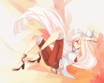  1girl adapted_costume arms_behind_head backless_outfit breasts chains collared_shirt fujiwara_no_mokou full_body high_heels highres long_hair looking_at_viewer pants pants_rolled_up red_eyes shirt solo souta_(karasu_no_ouchi) touhou very_long_hair white_hair wrist_cuffs 