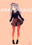  1girl alternate_costume amatsukaze_(kantai_collection) blush bow brown_eyes casual character_name full_body hair_bow highres kantai_collection long_hair long_sleeves orange_legwear pantyhose pecco_chan pink_background signature silver_hair solo standing two_side_up 