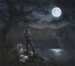  1boy 1girl bare_tree black_hair black_hsirt black_pants blonde_hair clapping couple dress dress_shirt final_fantasy final_fantasy_xv fish fishing fishing_rod formal full_moon lunafreya_nox_fleuret mishio moon night noctis_lucis_caelum official_style pants parody ponytail shirt sitting tree wariza white_dress 