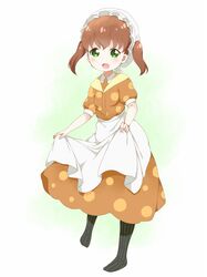  1girl :d adjusting_clothes apron black_legwear blush brown_hair child collar collared_dress dot_nose dress fingernails frilled_hat frills full_body green_background green_eyes hat kobayashi-san_chi_no_maidragon long_hair looking_at_viewer maid maid_cap multicolored multicolored_background namori_(style) no_shoes open_mouth orange_dress pantyhose puffy_short_sleeves puffy_sleeves saikawa_georgie short_sleeves simple_background smile solo standing striped striped_legwear tareme toma_(shinozaki) twintails two-tone_background vertical-striped_legwear vertical_stripes white_apron white_background white_hat 