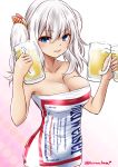  1girl alcohol bare_arms bare_shoulders beer beer_mug blue_eyes breasts budweiser cleavage collarbone dress kantai_collection kashima_(kantai_collection) kuro_abamu large_breasts long_hair product_placement silver_hair smile solo tsurime twitter_username two_side_up 