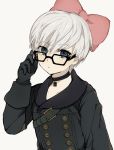  1boy angel black_clothes blue_eyes buttons choker eyelashes glasses gloves hair_ribbon long_sleeves looking_at_viewer male_focus nier_(series) nier_automata pale_skin ribbon short_hair simple_background solo strap white_hair yorha_no._9_type_s 
