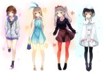  4girls :d alternate_costume amatsukaze_(kantai_collection) bag beret black_hair black_legwear blonde_hair blush brown_eyes brown_hair casual coat dress full_body hair_ribbon handbag hands_in_pockets hat jacket kantai_collection long_hair long_sleeves mittens multiple_girls open_mouth orange_legwear pantyhose pecco_chan polka_dot polka_dot_dress ribbon shimakaze_(kantai_collection) short_hair silver_hair smile standing standing_on_one_leg tokitsukaze_(kantai_collection) two_side_up yukikaze_(kantai_collection) 