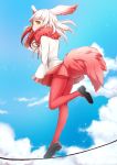  1girl :o balancing bird_tail blue_sky clouds crested_ibis_(kemono_friends) day frilled_sleeves frills from_below from_side full_body fur_collar half-closed_eyes head_wings highres kemono_friends legs long_sleeves looking_at_viewer mame_jirushi multicolored_hair one_leg_raised open_mouth pantyhose pleated_skirt red_legwear red_skirt short_hair_with_long_locks skirt sky solo thigh-highs two-tone_hair white_hair wide_sleeves yellow_eyes 
