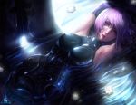  1girl armor armored_dress armpits arms_up commentary elbow_gloves fate/grand_order fate_(series) flower gloves in_water light lily_pad looking_at_viewer lying on_back parted_lips pink_hair rimu_niku shield shielder_(fate/grand_order) short_hair solo violet_eyes 