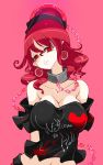  1girl bare_shoulders breasts chains choker cleavage clothes_writing collarbone ear_piercing hat heart hecatia_lapislazuli highres large_breasts looking_at_viewer midriff navel off-shoulder_shirt piercing pointy_ears raptor7 red_eyes redhead shirt short_hair smile solo sphere touhou 