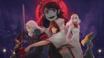  6+girls :d armor black_gloves black_hair blonde_hair breasts cat cath_(momodora) choir_(momodora) cloak cotillard covered_navel earrings fennel_(momodora) full_moon gloves hair_over_one_eye hat highres holding holding_sword holding_weapon hood hooded_cloak horns jewelry kaho_(momodora) koyorin long_hair looking_at_viewer lubella momodora:_reverie_under_the_moonlight moon multiple_girls night open_mouth red_eyes red_moon redhead smile sword weapon white_hair witch_hat 