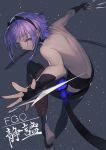  1girl ainezu assassin_(fate/prototype_fragments) bare_back bare_shoulders barefoot between_fingers dark_skin fate/prototype fate/prototype:_fragments_of_blue_and_silver fate_(series) fingerless_gloves from_behind highres kunai looking_at_viewer purple_hair short_hair soles solo toeless_legwear violet_eyes weapon 