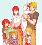  3boys 3girls baby bib blonde_hair blue_eyes carriage child chuu couple family good_end green_eyes half_updo if_they_mated jaune_arc long_hair looking_at_another multiple_boys multiple_girls onesie open_clothes open_vest ponytail pyrrha_nikos redhead rwby shirt shorts smile striped striped_shirt stuffed_animal stuffed_bunny stuffed_toy sweatdrop vest 