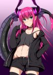 1girl alternate_costume asymmetrical_horns black_legwear blue_eyes breasts casual choker contemporary denim dragon_tail fate/extra fate/extra_ccc fate_(series) horns lancer_(fate/extra_ccc) long_hair looking_at_viewer midriff navel off_shoulder pants pink_hair pointy_ears short_shorts shorts small_breasts smile solo tail tail_raised tank_top thigh-highs wonawo zettai_ryouiki