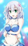  1girl :d amagi_brilliant_park bikini_top blue_hair blue_skirt breast_hold breasts choker cleavage collarbone crossed_arms erect_nipples frilled_choker frills green_eyes groin hair_between_eyes hair_ornament halter_top halterneck highres large_breasts looking_at_viewer muse_(amaburi) nanaume_(shichimi_tougarashi) navel open_mouth skirt smile solo stomach upper_body 