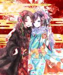  2boys :q arm_around_shoulder black_hair blue_eyes blue_nails blush bow brown_hair choko_(cup) cup egasumi flower hair_bow hair_flower hair_ornament highres himemurasaki japanese_clothes kashuu_kiyomitsu kimono male_focus mole mole_under_eye mole_under_mouth multiple_boys nail_polish open_mouth red_eyes red_nails scarf smile tongue tongue_out touken_ranbu trap yamato-no-kami_yasusada 