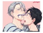  2boys artist_name black_hair blue-framed_eyewear blue_eyes blush brown_eyes gearous glasses glasses_removed katsuki_yuuri male_focus mouth_hold multiple_boys open_mouth silver_hair upper_body viktor_nikiforov yuri!!!_on_ice 