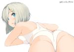  1girl artist_name bare_arms bare_legs bare_shoulders blue_eyes bra dated hair_ornament hair_over_one_eye hairclip hamakaze_(kantai_collection) kantai_collection mokyutan open_mouth panties short_hair silver_hair simple_background solo underwear underwear_only white_background white_bra white_panties 
