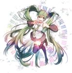  1girl absurdly_long_hair boots detached_sleeves full_body green_eyes green_hair hatsune_miku long_hair necktie open_mouth outstretched_arm rakugakiii see-through skirt solo thigh-highs thigh_boots twintails v very_long_hair vocaloid 