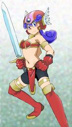  1girl armor bike_shorts bikini_armor blue_eyes blush breasts dragon_quest dragon_quest_iii full_body gloves helmet long_hair navel onnaski purple_hair soldier_(dq3) solo sword weapon winged_helmet 