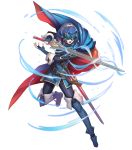  blue_hair cape fingerless_gloves fire_emblem fire_emblem:_kakusei fire_emblem_heroes full_body gloves glowing glowing_weapon highres holding holding_sword holding_weapon jewelry marth_(fire_emblem:_kakusei) mask official_art open_mouth sheath short_hair solo standing sword thigh-highs tiara transparent_background weapon 