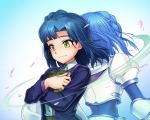  1girl armor back-to-back blue_hair blush book dual_persona holding holding_book idolmaster idolmaster_million_live! nanao_yuriko petals randle short_hair smile solo wind yellow_eyes 