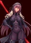  1girl armor bodysuit breasts covered_navel cowboy_shot erect_nipples fate/grand_order fate_(series) gae_bolg glowing glowing_eyes hand_on_hip holding holding_weapon long_hair looking_to_the_side medium_breasts parted_lips pauldrons pink_hair polearm purple_bodysuit red_eyes scathach_(fate/grand_order) shoulder_armor solo spear very_long_hair weapon yuuji_(and) 