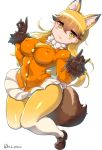  1girl animal_ears blazer bow bowtie brown_gloves buttons erect_nipples extra_ears eyebrows_visible_through_hair ezo_red_fox_(kemono_friends) fox_ears fox_shadow_puppet fox_tail fur_trim gloves gradient_legwear haku_hakujou_daimaou highres jacket kemono_friends loafers long_hair long_sleeves looking_at_viewer multicolored multicolored_clothes multicolored_legwear necktie orange_hair panties pantyhose pleated_skirt shoes signature skirt solo tail underwear white_bow white_bowtie white_panties white_skirt wide_hips yellow_eyes yellow_necktie 