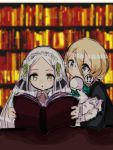  !? 2girls blonde_hair book jouvet library long_hair mahou_shoujo_ikusei_keikaku mahou_shoujo_ikusei_keikaku_f2p multiple_girls pere_pachipachi puppeta reading short_hair silver_hair 