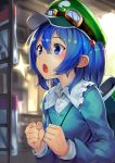  1girl backpack bag blue_eyes blue_hair blush goggles goggles_on_headwear hair_bobbles hair_ornament hat highres kawashiro_nitori long_sleeves open_mouth revision short_hair solo sparkle sukocchi touhou twintails two_side_up 