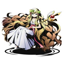  1girl absurdly_long_hair blonde_hair blue_eyes braid collarbone divine_gate dress eyebrows_visible_through_hair full_body hair_ornament holding long_hair looking_at_viewer magi_the_labyrinth_of_magic mole mole_under_eye official_art scheherazade_(magi) shadow sleeveless sleeveless_dress solo staff transparent_background ucmm very_long_hair white_dress 