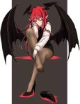  1girl arm_support bangs bat_wings black_dress black_legwear black_necktie black_shoes black_skirt blush brown_legwear collared_shirt demon_girl dress gloves grey_background haiiro_gundan hand_on_own_cheek head_wings high_heels invisible_chair koakuma large_wings leg_up long_hair long_sleeves looking_at_viewer low_wings necktie pantyhose pointy_ears red_eyes redhead shirt shoe_removed shoes simple_background single_shoe sitting skirt skirt_set solo succubus toes touhou very_long_hair vest white_gloves white_shirt wing_collar wings 