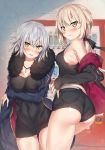  2girls ass blonde_hair blush breasts fate/grand_order fate_(series) fur_trim highres jeanne_alter jewelry kawai_(purplrpouni) large_breasts long_hair looking_at_viewer multiple_girls necklace ponytail ruler_(fate/apocrypha) saber saber_alter short_hair short_shorts shorts smile yellow_eyes 