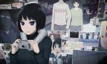  black_hair blue_eyes camera coat collage commentary_request fur_trim jumping mask multiple_boys multiple_girls open_mouth original photo_(object) short_hair solo_focus yajirushi_(chanoma) 