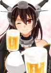  1girl absurdres beer_mug black_hair breasts closed_mouth collar collarbone elbow_gloves gloves hair_between_eyes headgear hellmeshi highres kantai_collection large_breasts long_hair looking_at_viewer nagato_(kantai_collection) one_eye_closed red_eyes smile solo sparkle twitter_username upper_body 