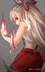  1girl bangs big_hair blurry burnt_clothes clenched_hand covered_mouth depth_of_field fire fujiwara_no_mokou grey_background hair_ribbon highres long_hair mikami_yuuki_(nl8you) platinum_blonde profile red_eyes ribbon shiny shiny_skin simple_background solo touhou very_long_hair 
