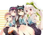  4girls absurdres black_hair blonde_hair chiya_(urara_meirochou) green_eyes grin hair_between_eyes harikamo headband highres lineup long_hair mole mole_under_eye multiple_girls natsume_nono official_art red_eyes silver_hair smile tatsumi_kon urara_meirochou yukimi_koume 