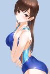  1girl ass blue_background breast_hold breasts brown_eyes brown_hair commentary_request competition_swimsuit from_above hand_on_own_shoulder idolmaster idolmaster_cinderella_girls kfr large_breasts long_hair looking_at_viewer nitta_minami one-piece_swimsuit solo swimsuit 